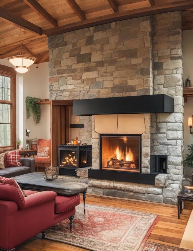 salon con foto de hogar de leña